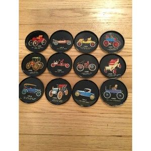 Round 3” Black Coasters Old Time Antique Model Cars Metal Set of 12